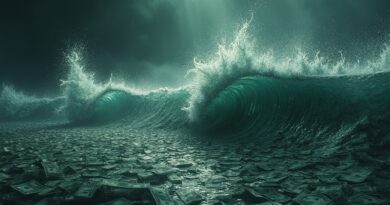 Zdeformowana fala dźwiękowa przechodząca w dolary, wysysana przez robotyczne ramiona, cyfrowa przepaść.