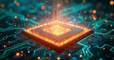 Abstrakcyjna wizja mocy obliczeniowej: wirujące cząstki w rdzeniu GPU symulują fizykę w Pythonie (NVIDIA Warp).