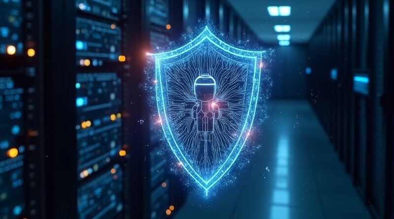 Świecąca tarcza chroni robota AI zarządzającego obwodami; bezpieczeństwo agentów w serwerowni, OpenShell.