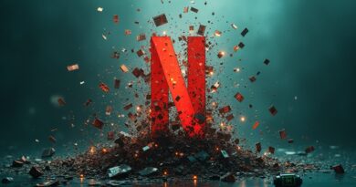 Rozbity film, fragmenty scen, neonowa sieć neuronowa AI i logo Netflixa. Era AI w postprodukcji filmowej.