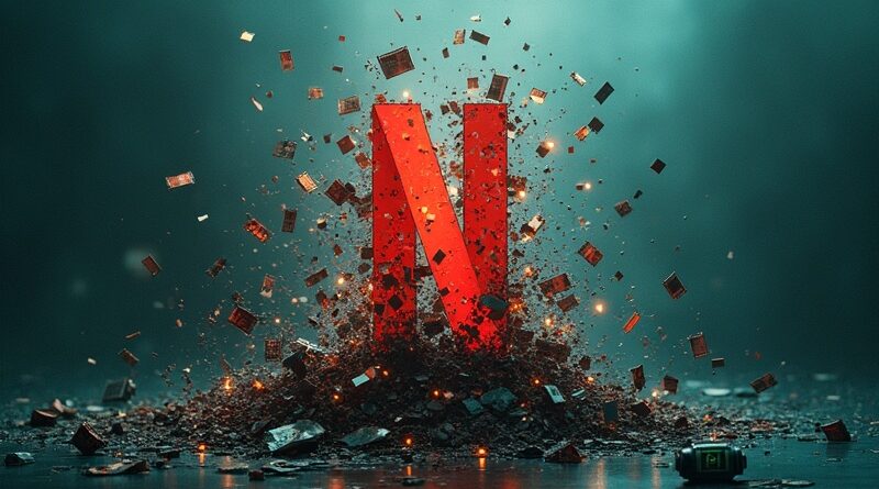 Rozbity film, fragmenty scen, neonowa sieć neuronowa AI i logo Netflixa. Era AI w postprodukcji filmowej.