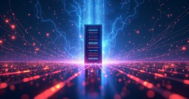 Abstrakcyjne połączenie sieci energetycznej, neuronów i serwerów, symbolizujące zarządzanie energią farm GPU przez AI.