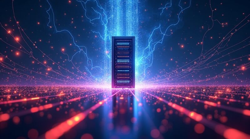 Abstrakcyjne połączenie sieci energetycznej, neuronów i serwerów, symbolizujące zarządzanie energią farm GPU przez AI.