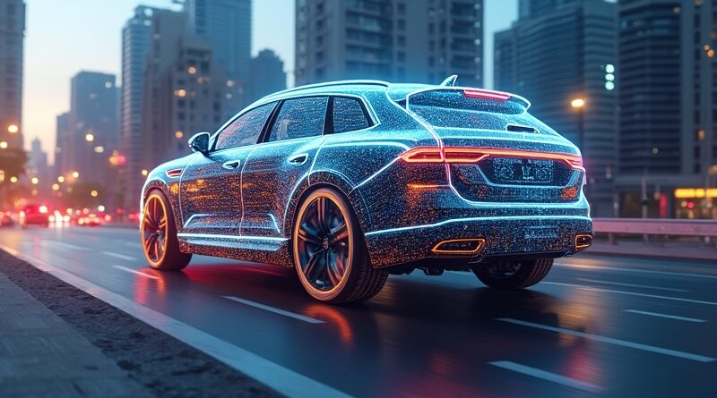 Autonomiczny pojazd w cyfrowym krajobrazie miejskim, dane jako neurony i chmury punktów LiDAR.