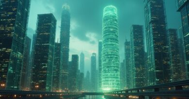 Futurystyczne miasto zbudowane z kodu, symbol AI i bezpieczeństwa autonomicznych systemów.