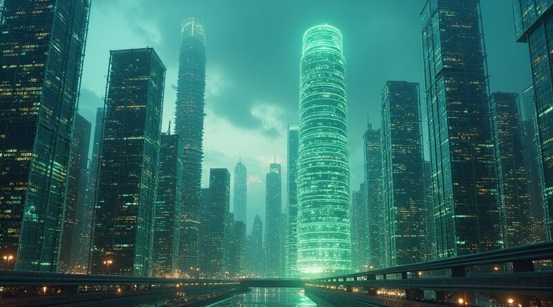 Futurystyczne miasto zbudowane z kodu, symbol AI i bezpieczeństwa autonomicznych systemów.