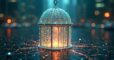 Przezroczysta klatka otacza sieć neuronową agentów AI, symbolizując bezpieczeństwo i kontrolę Nvidii.