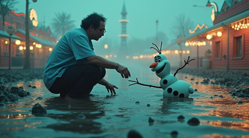 Jensen Huang w cyfrowym krajobrazie, mały Olaf tonie w kodzie, symbolizując ambicje Nvidii i wyzwania robotyki.