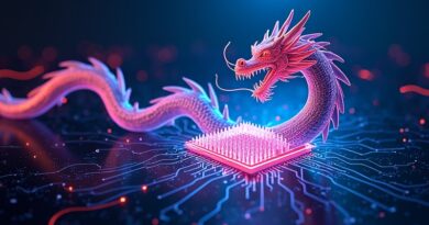 Neonowy chiński smok opleciony wokół świecącego mikrochipa Nvidia H200. Cyberpunkowa fuzja Wschodu i Zachodu, technologia i władza.