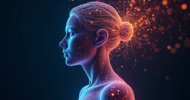 Cyfrowa sylwetka człowieka spleciona z danych, opleciona siecią neuronową symbolizującą zrozumienie AI.