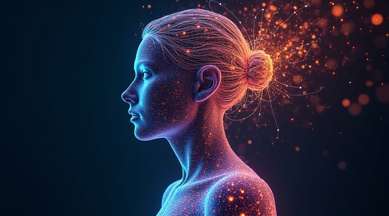 Cyfrowa sylwetka człowieka spleciona z danych, opleciona siecią neuronową symbolizującą zrozumienie AI.