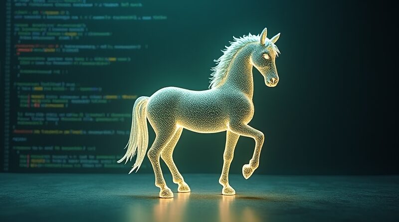 Konia trojański z kodu w terminalu Claude Code, symbolizuje integrację Codex OpenAI.