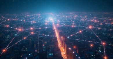 Eteryczna sieć AI spowija miejski krajobraz, symbolizując zmierzch tradycyjnego SaaS-u.