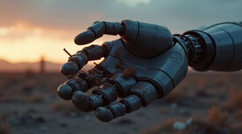 Zdezaktywowana robotyczna ręka trzyma zniszczoną taśmę filmową na tle opuszczonego planu filmowego o zmierzchu.