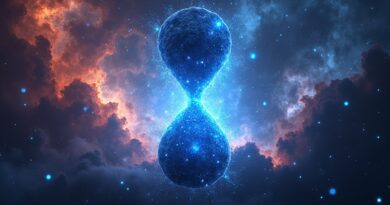 Kosmiczna mgławica w kształcie klepsydry z energią fuzji zasilającą sieć neuronową.