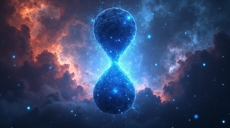 Kosmiczna mgławica w kształcie klepsydry z energią fuzji zasilającą sieć neuronową.