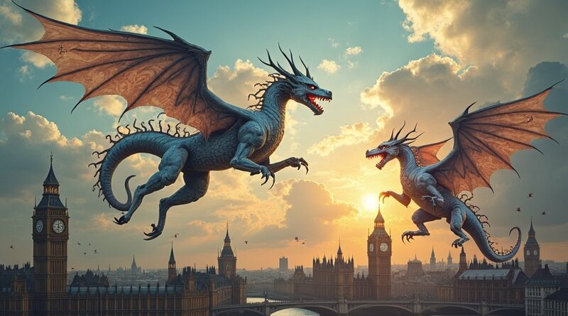 AI bitwa nad Londynem: ChatGPT kontra smok Google w renesansowej stylizacji.