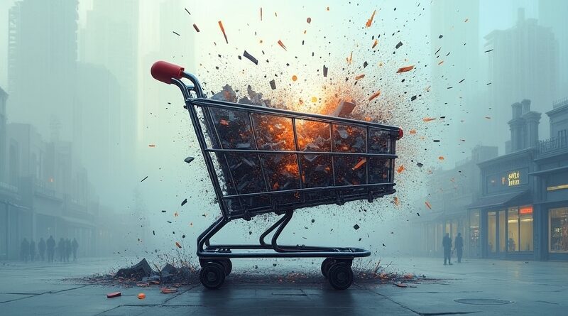 Rozbity wózek sklepowy z obwodów, cyfrowy wir kodu, symbol zmiany kursu OpenAI w e-commerce.