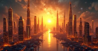 Futurystyczna metropolia jako sieć neuronowa w blasku wschodzącego słońca; symbol potęgi OpenAI.