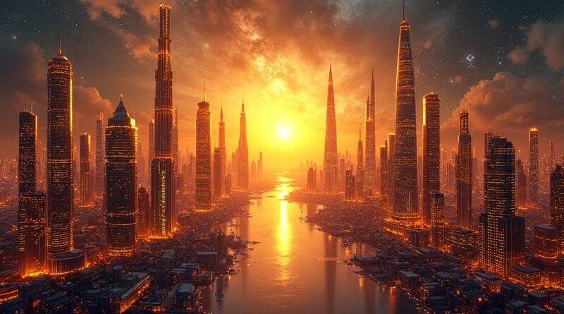 Futurystyczna metropolia jako sieć neuronowa w blasku wschodzącego słońca; symbol potęgi OpenAI.