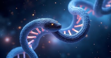 Stylizowana wizja: Wąż z konstelacji (Python) oplata świecące DNA, symbolizując połączenie kodu i genetyki.