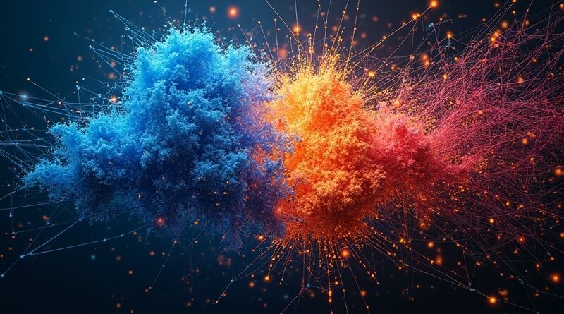 Rozbita, cyfrowa rzeźba sieci przechodząca z błękitu (Azure) w wielobarwną pajęczynę (AWS). Aluzja do konkurencji.