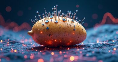 Stylizowana, futurystyczna ziemniaczana głowa ("Spud") z obwodami i siecią neuronową na minimalistycznym tle.