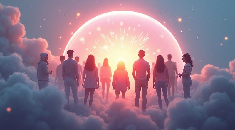 Ochronna bańka otacza nastolatków, symbolizując bezpieczeństwo w sieci przed cyfrowymi zagrożeniami. Pastelowe barwy, nadzieja.