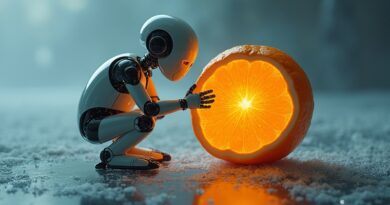 Robot z światła i cienia odrzuca jaskrawą cytrynę, symbolizującą porzucenie projektu erotycznej AI przez OpenAI.