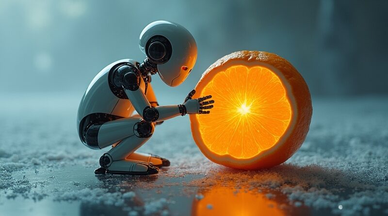 Robot z światła i cienia odrzuca jaskrawą cytrynę, symbolizującą porzucenie projektu erotycznej AI przez OpenAI.