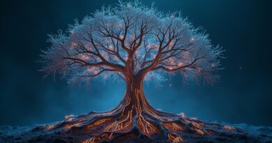 Abstrakcyjne cybernetyczne drzewo wiedzy. Korzenie - system plików, gałęzie - fraktale architektury komputerowej.