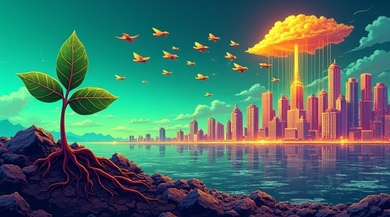 Kiełek przebija ziemię w stronę futurystycznego miasta obwodów, nad nim robotyczne ptaki lecą ku złotym chmurom VC.