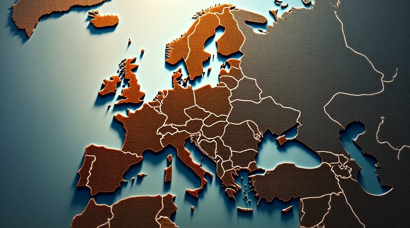 Rozfragmentowana mapa Europy z krzemowych płytek, rozświetlona blaskiem Doliny Krzemowej; piękno z nutą żalu.
