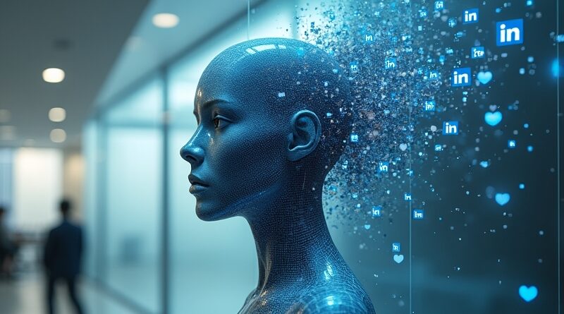 Rozpuszczająca się cyfrowa rzeźba AI na tle sterylnego biura. Paradoks autentyczności w mediach społecznościowych.