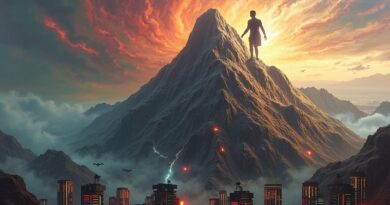 Sylwetka Jensena Huanga jako góra z układami scalonymi, burzliwe Wall Street u stóp.