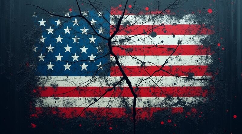 Pęknięta flaga USA odbita w rozbitym ekranie komputera. Symbol braku zaufania do AI.