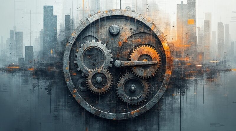 Skomplikowany mechanizm zegarowy na tle rozmytego miasta, cyfrowy szum symbolizuje paradoks produktywności AI.