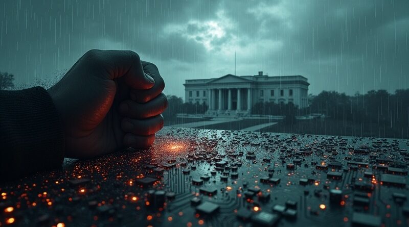 Cyfrowa forteca oblężona, binarny kod, zaciśnięta pięść z płytką drukowaną, Pentagon w tle. Technologiczna wojna.