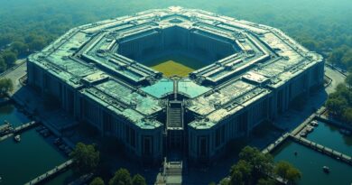 Abstrakcyjna wizja Pentagonu: pęknięcia reformowane w sieci neuronowe, symbol wewnętrznego rozwoju AI.