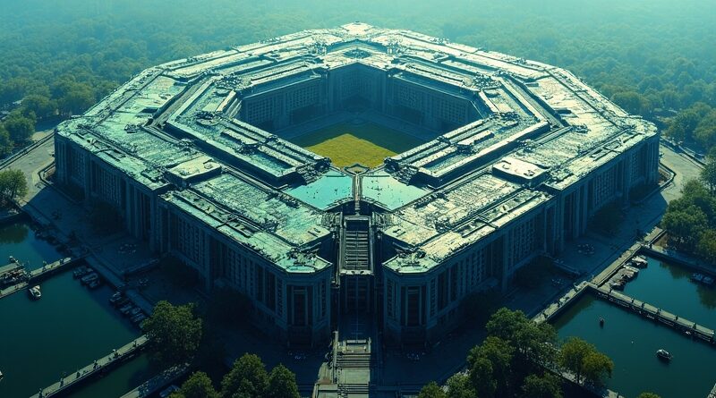 Abstrakcyjna wizja Pentagonu: pęknięcia reformowane w sieci neuronowe, symbol wewnętrznego rozwoju AI.