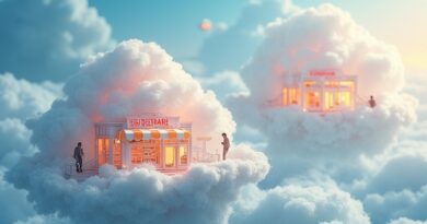 Eteryczne chmury AI kształtują sklepy e-commerce na unoszących się wyspach, symbolizując automatyzację Picsart.