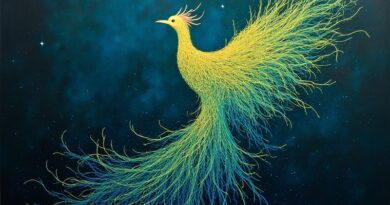 Abstrakcyjny feniks z kodu, neonowe akcenty, tło kosmosu. Metafora automatycznej naprawy kodu.