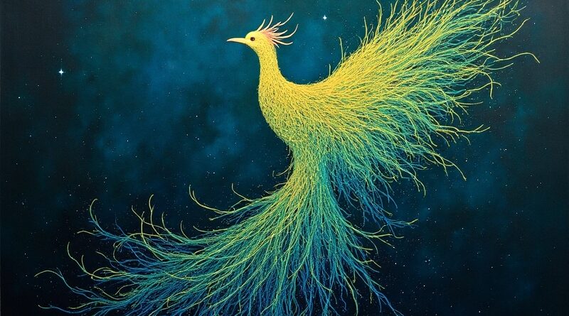 Abstrakcyjny feniks z kodu, neonowe akcenty, tło kosmosu. Metafora automatycznej naprawy kodu.