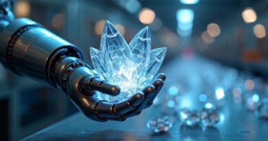 Robotyczne ramię delikatnie manipuluje kryształem (Gemini AI) na rozmytym, futurystycznym tle fabrycznym. Automatyzacja, postęp.