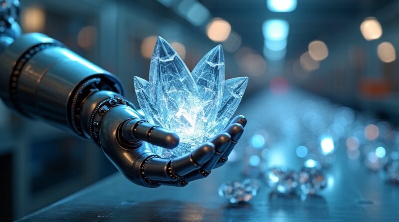 Robotyczne ramię delikatnie manipuluje kryształem (Gemini AI) na rozmytym, futurystycznym tle fabrycznym. Automatyzacja, postęp.