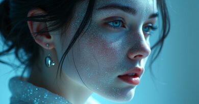 Kobieta z cyfrowego kodu, rozmywająca się w strumieniach binarnych, w tle luksusowa wirtualna przestrzeń.