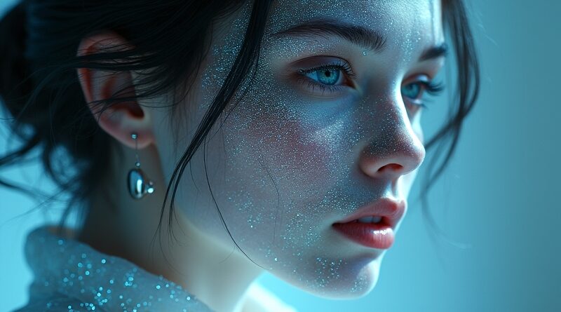 Kobieta z cyfrowego kodu, rozmywająca się w strumieniach binarnych, w tle luksusowa wirtualna przestrzeń.