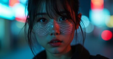 Zaglitchowana twarz młodej kobiety na tle neonowej panoramy miasta w Azji Południowo-Wschodniej.