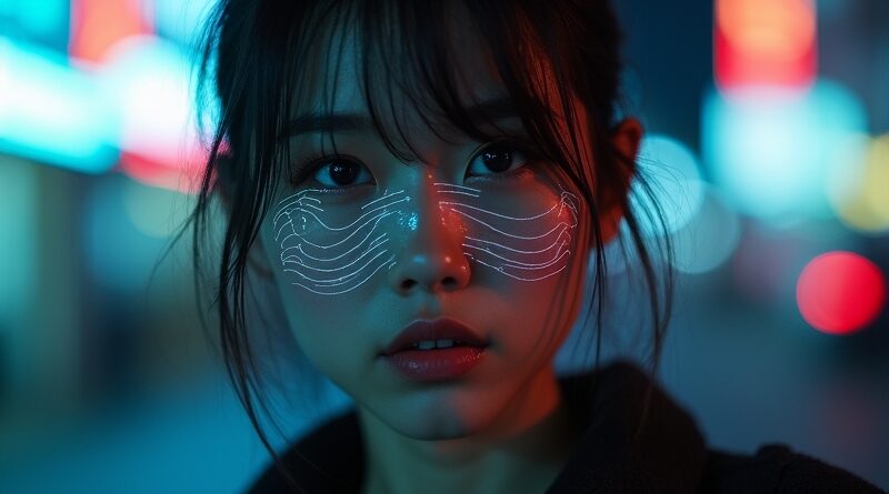 Zaglitchowana twarz młodej kobiety na tle neonowej panoramy miasta w Azji Południowo-Wschodniej.