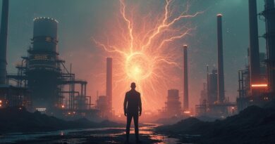 Transformacja przemysłu w sieć AI pod okiem Jeffa Bezosa, neonowa sylwetka na tle fabryk.